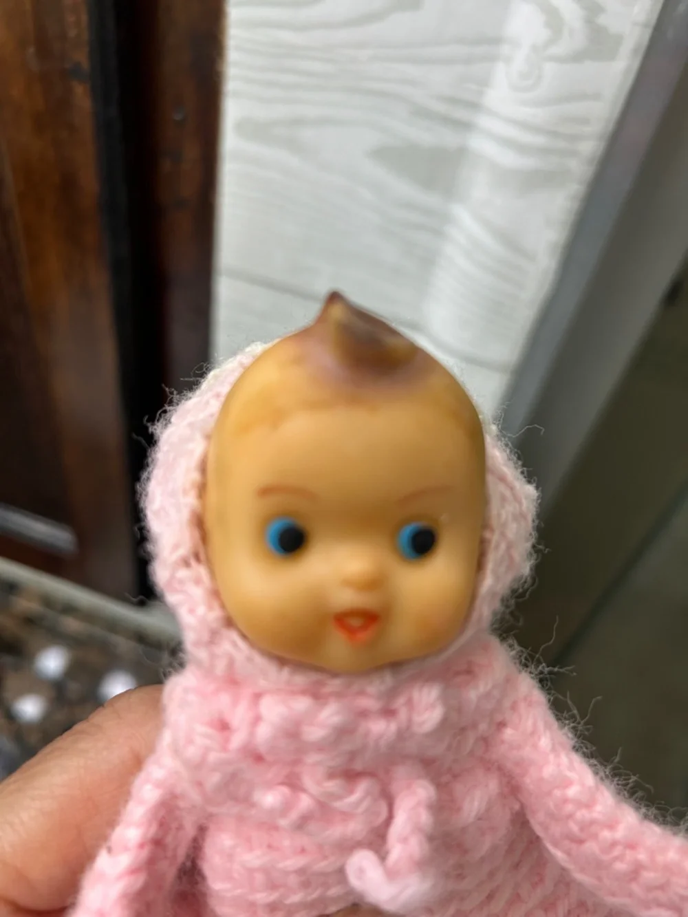 VTG Handmade Kewpie Blue Eyed Baby Doll Soft Vinyl Face Pink Crochet Kawaii 7